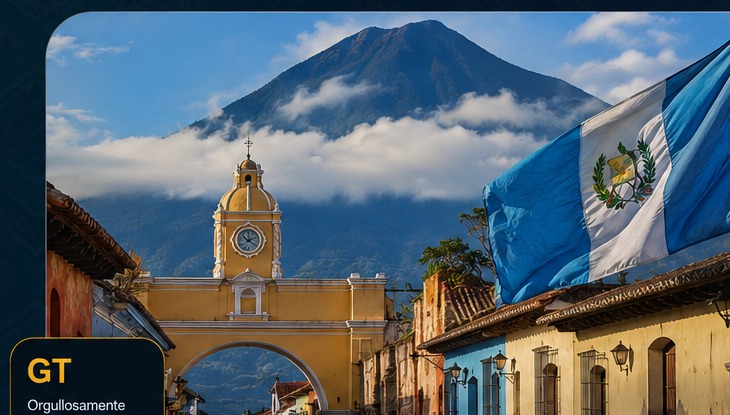 Antigua Guatemala, bandera y paisaje emblemático guatemalteco